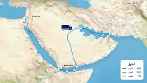 خريطة توضح مسار الشحن من جدة إلى الرياض مع الوقت المتوقع