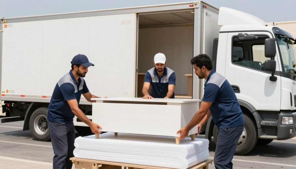 شركة نقل عفش في جدة توضح فريق عمل محترف يقوم بتعبئة الأثاث