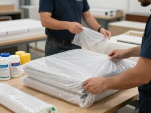 عملية تغليف احترافي للأثاث باستخدام مواد حماية عالية الجودة