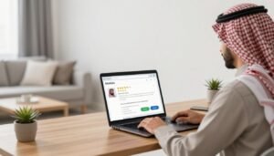 عميل يراجع خيارات شركات نقل العفش على الإنترنت