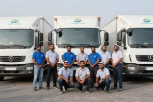 فريق عمل احترافي من شركة نقل عفش يقف أمام شاحنات النقل