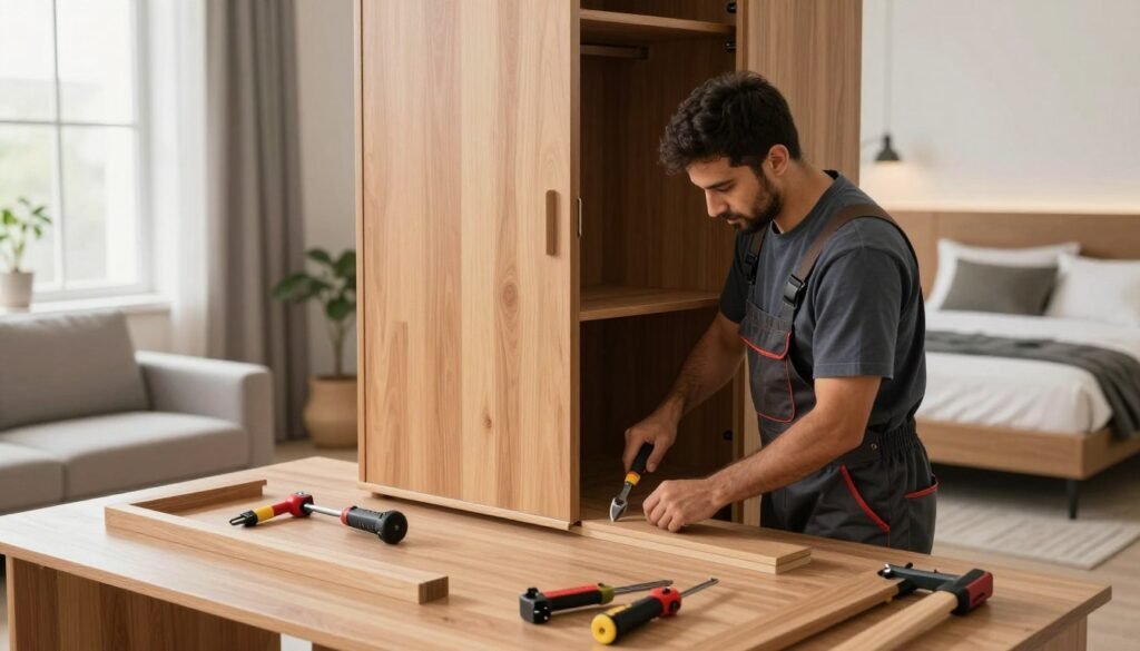 فني متخصص يقوم بتركيب خزانة ملابس