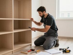 فني يقوم بتركيب خزانة ملابس في غرفة نوم جديدة
